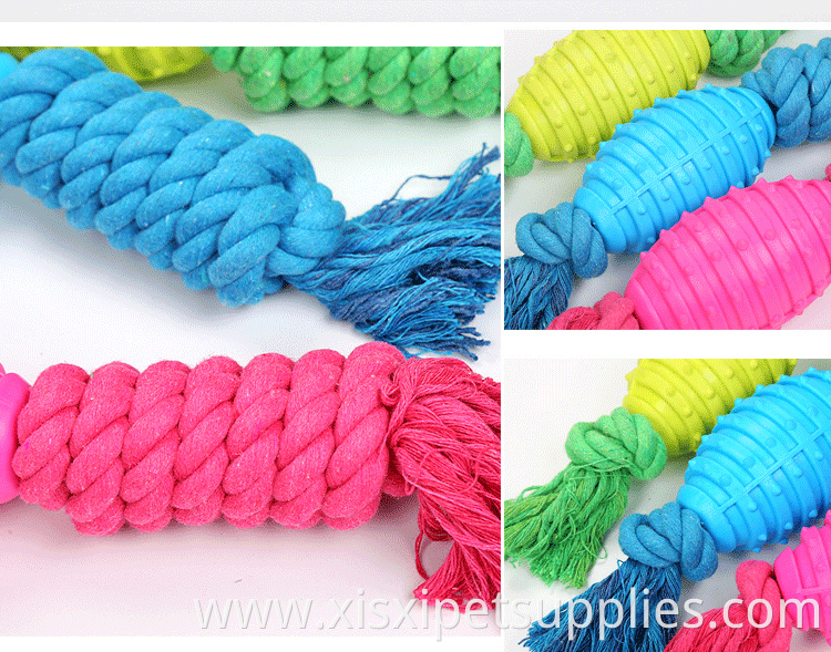 high quality candy color TPR rubber rugby ball with cotton knot rope bite resistance dog chew toy